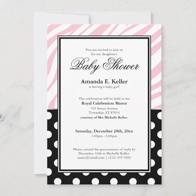 Black Polka Dot Rosa Zebra tryck Baby Shower Inbjudningar (Framsida)