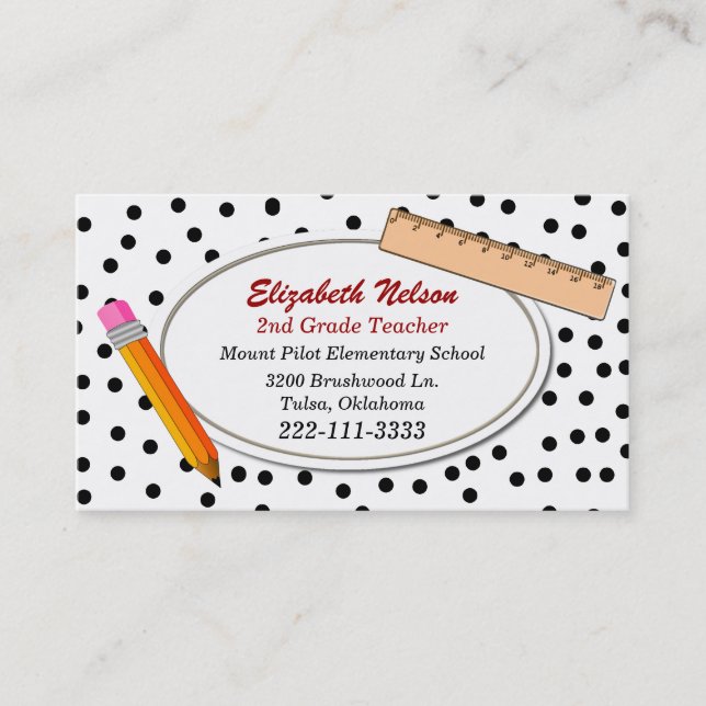 Black Polka Dot Teacher's affärskort Tidsbeställning Kort (Framsida)