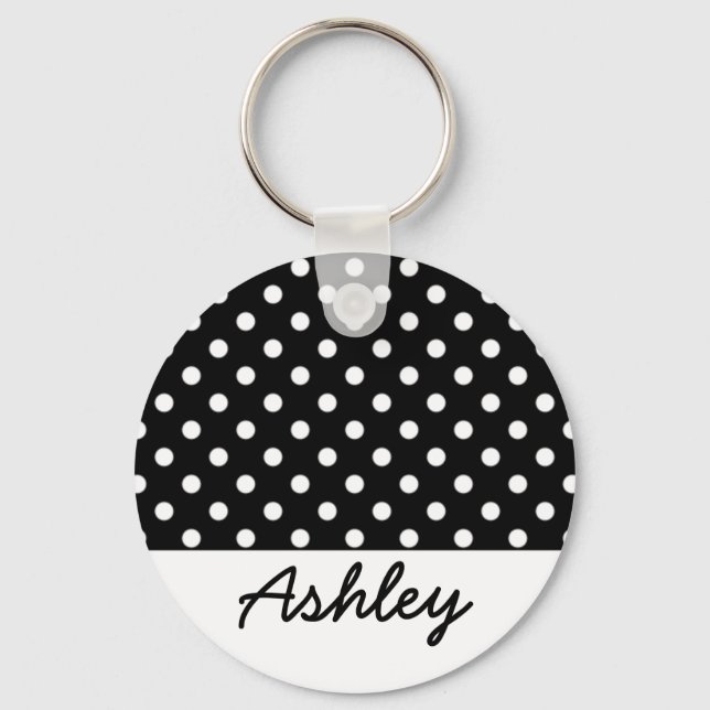 Black Polka dots Anpassningsbar Monogram Nyckelring (Framsida)