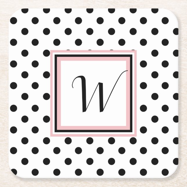 Black Polka dots Monogrammed Papper Underlägg (Framsidan)