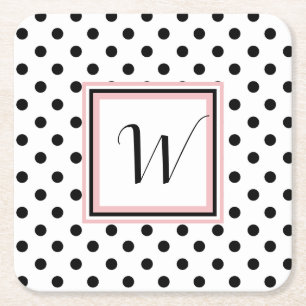 Black Polka dots Monogrammed Papper Underlägg Kvadrat