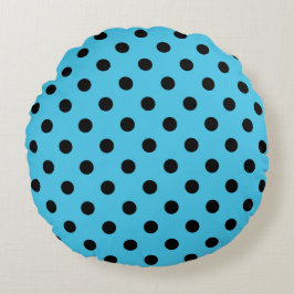 Black Polka Dots on Aqua Blue Round Pillow Rund Kudde