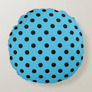Black Polka Dots on Aqua Blue Round Pillow Rund Kudde