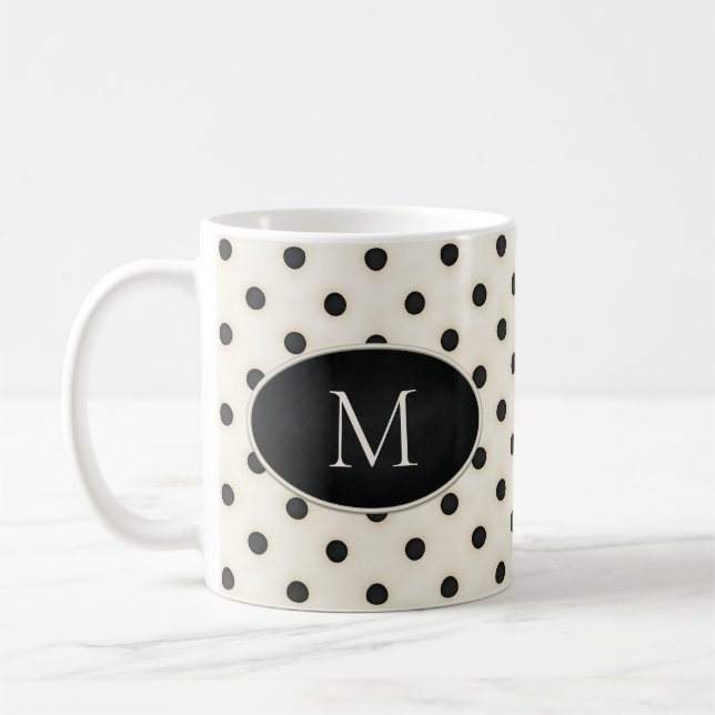 Black Polka dots på Antique White Monogrammed Kaffemugg (Vänster)