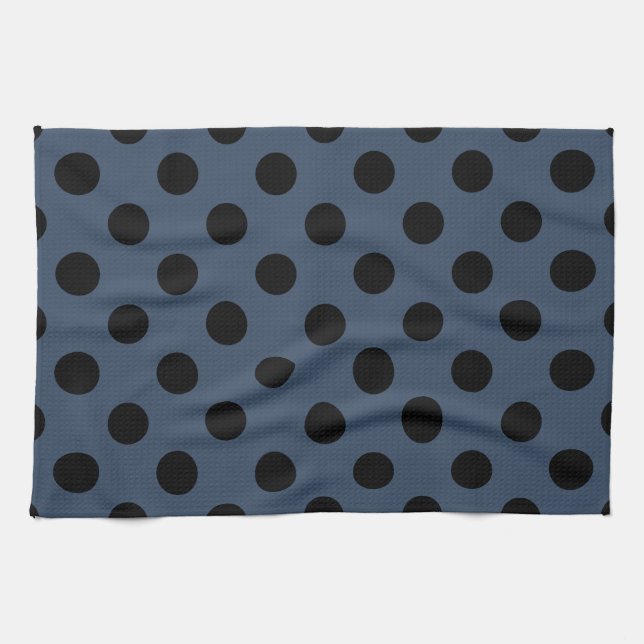 Black polka dots på grått-blue kökshandduk (Horisontell)