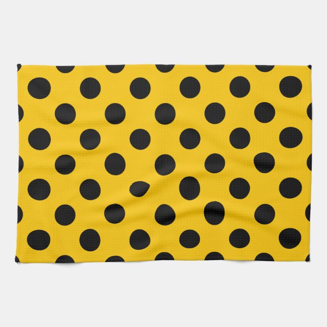 Black polka dots på gult kökshandduk (Horisontell)