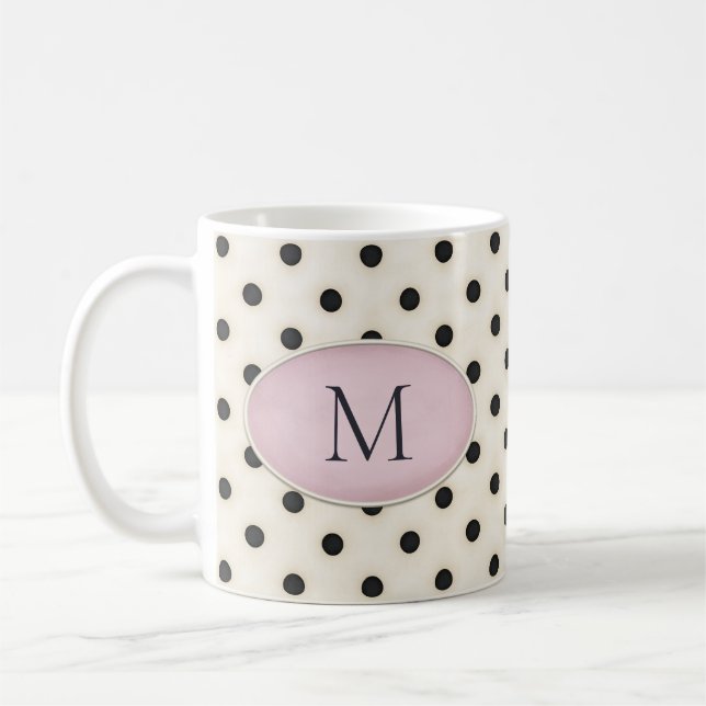 Black Polka dots på ivoriansk Rosa Oval Monogramme Kaffemugg (Vänster)