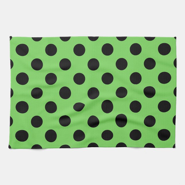 Black polka dots på kalkgrönt kalk kökshandduk (Horisontell)