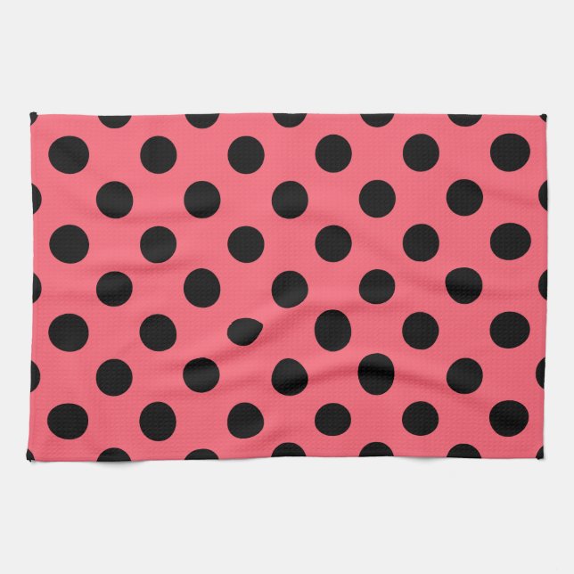 Black polka dots på korall kökshandduk (Horisontell)