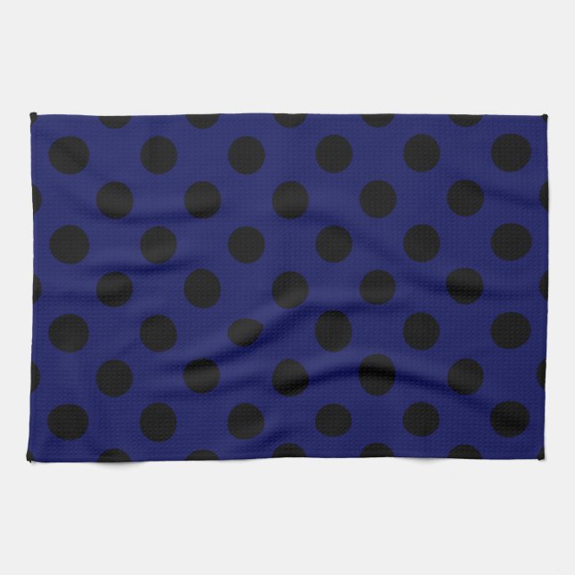 Black polka dots på marinblått kökshandduk (Horisontell)