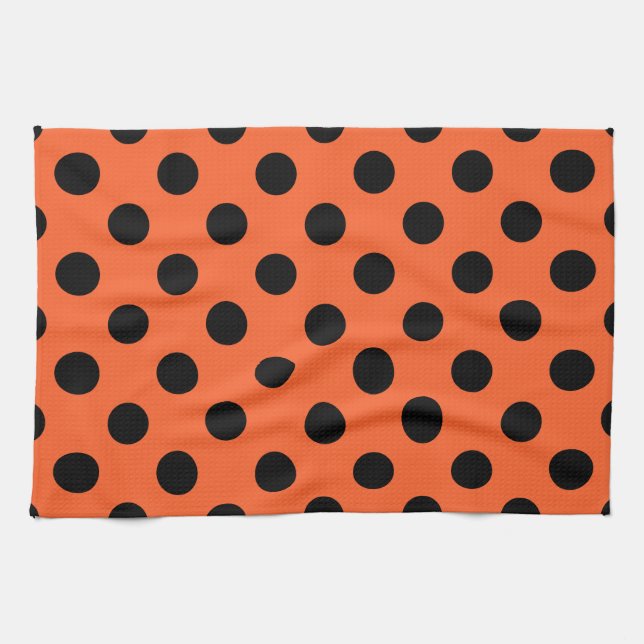 Black polka dots på orange kökshandduk (Horisontell)