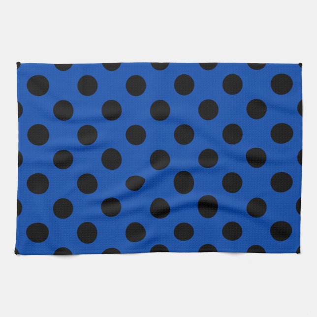 Black polka dots på royal blue kökshandduk (Horisontell)