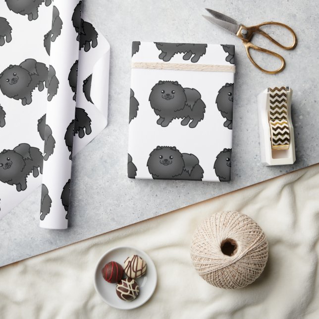 Black Pommern Cute Tecknad hund Mönster Presentpapper (Hantverk)