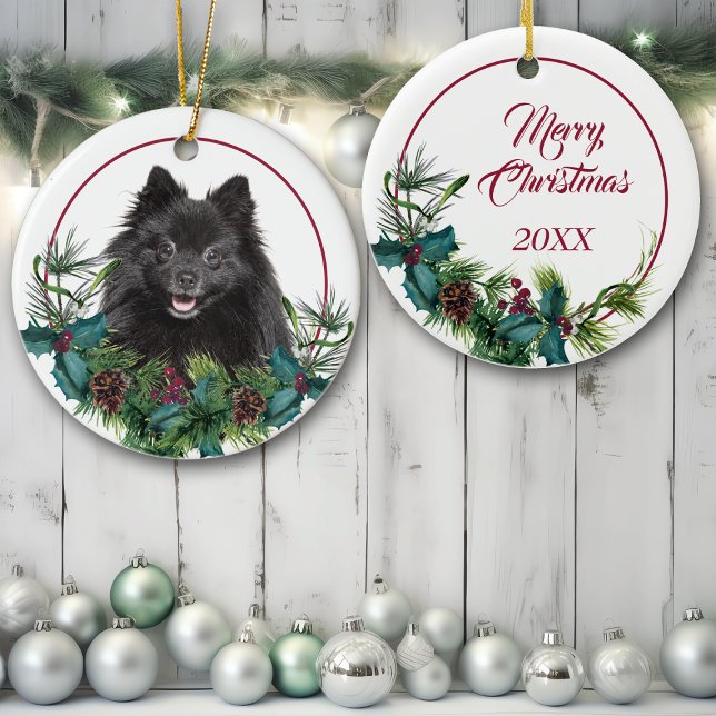 Black Pommern Hund Evergreen Berry Wandeandan Julgransprydnad Keramik (Skapare uppladdad)
