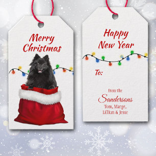 Black Pommern Hund i Santa Bag Presentetikett