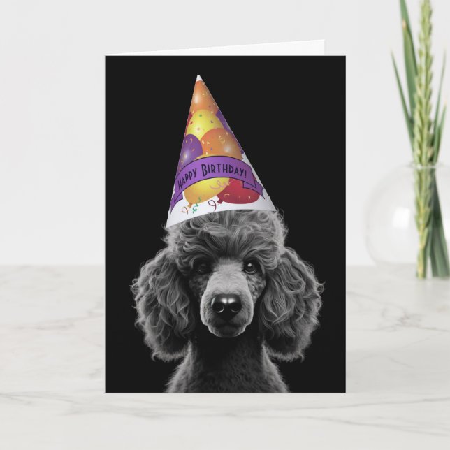 Black Poodle Head Party Hat with Happy Birthday  Kort (Framsida)