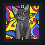Black Pop Art Cat<br><div class="desc">Roligt och färgfull väggklocka, med tecknad som grafik på en svart katt av popart stil. Underbar presentidé för alla kattälskare.</div>