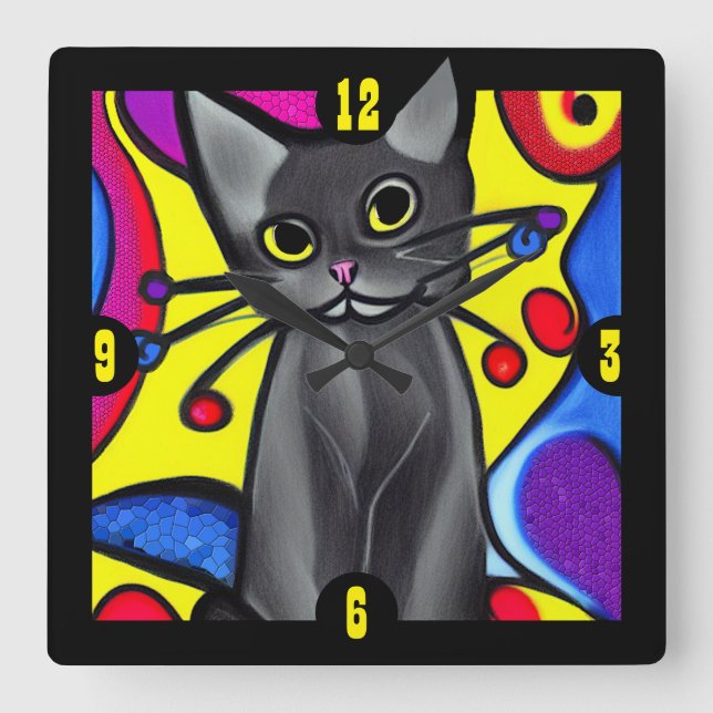 Black Pop Art Cat Fyrkantig Klocka (Framsida)
