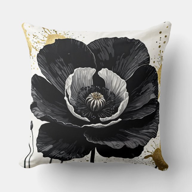 Black Poppy med guld stänk Kudde (Framsida)