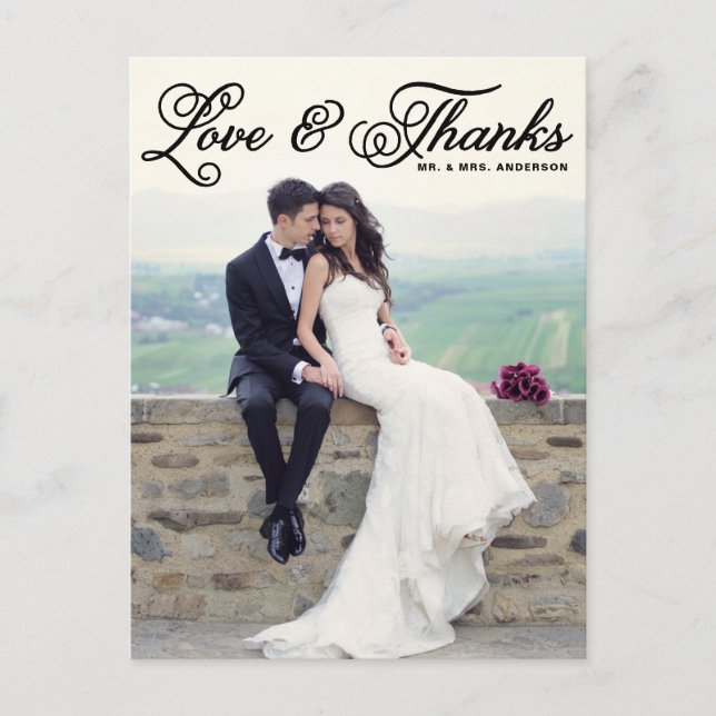 Black Pretty Script Wedding Thank You Postcard Vykort (Framsida)