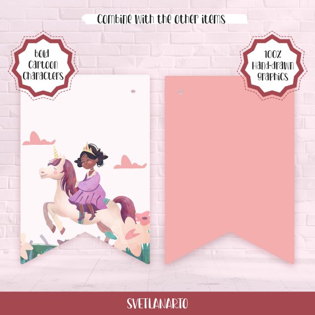 Black Princess Riding Unicorn Bunting Flags Vimplar (Pair view)