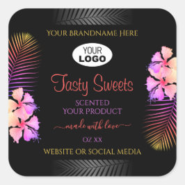 Black Product Label Colorful Hawaiian Flowers Logo Fyrkantigt Klistermärke