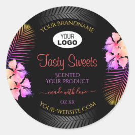 Black Product Label Colorful Hawaiian Flowers Logo Runt Klistermärke