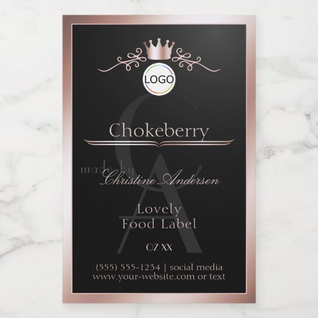 Black Product Label Rose Gold Frame Logo Monogram Mat Etikett (Singel etikett)