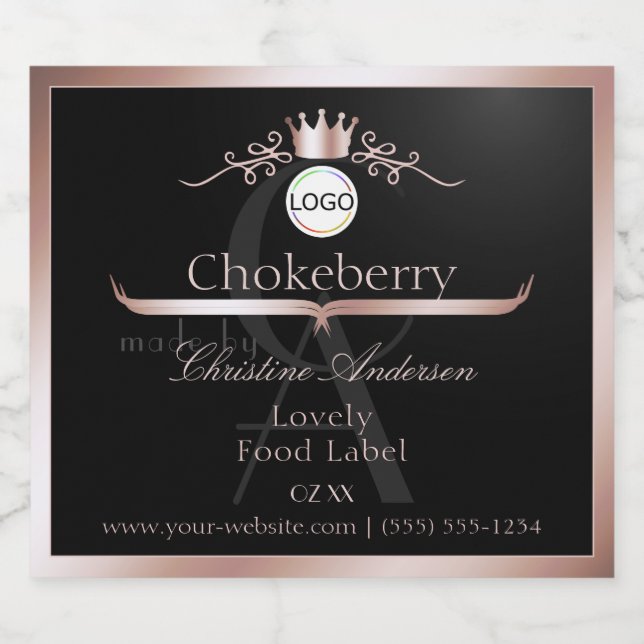 Black Product Label Rose Gold Frame Logo Monogram Spritflaskor Etikett (Enkel etikett)