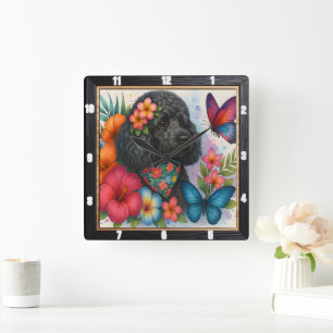 Black Pudel Blommigt Butterfly Art Fyrkantig Klocka