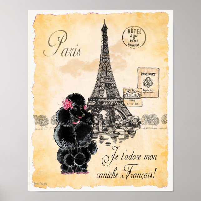 Black Pudel Eiffel Torn Paris Art Print Print Poster (Framsidan)
