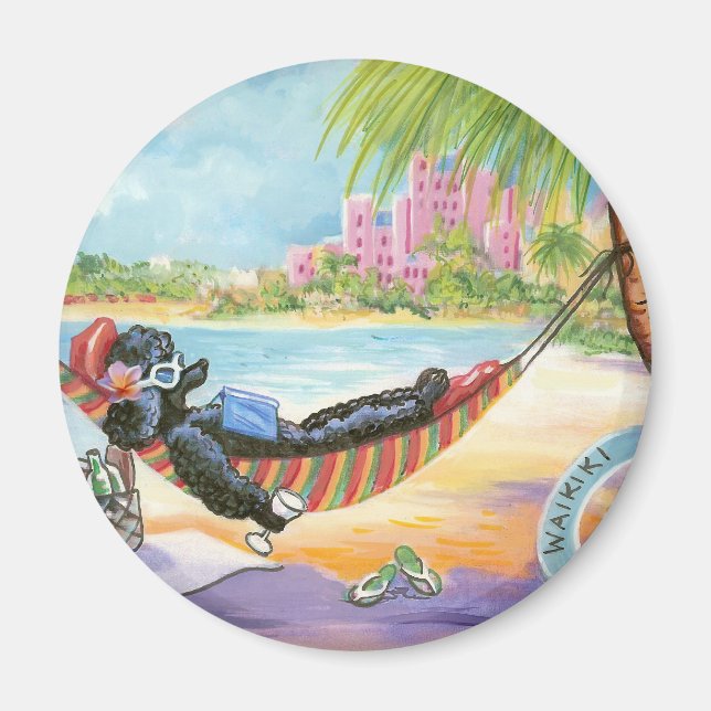 Black Pudel i Hawaii Beach Scene Magnet (Framsidan)