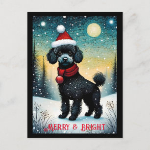 Black Pudel Snowy Meadow Santa Puppy Helgdag Vykort