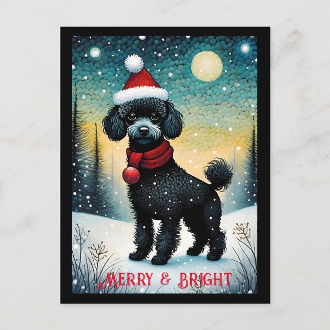 Black Pudel Snowy Meadow Santa Puppy Helgdag Vykort (Framsida)