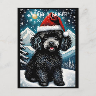 Black Pudel Snowy Mountain Santa Puppy Helgdag Vykort