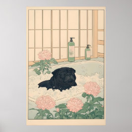 Black Pug Bathroom Print Kawaii Japandi Ukiyo-e Poster
