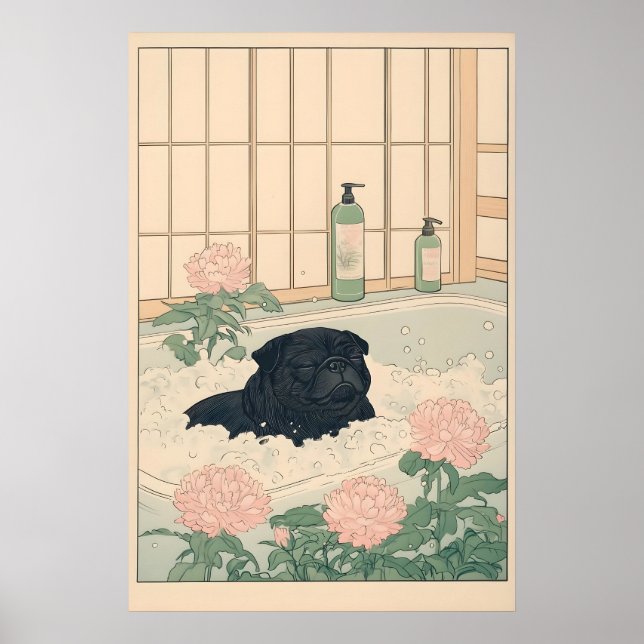 Black Pug Bathroom Print Kawaii Japandi Ukiyo-e Poster (Framsidan)