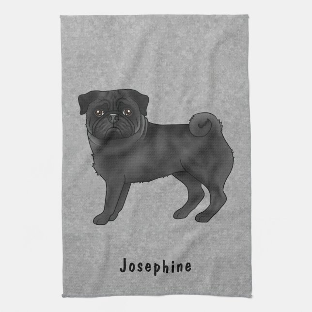 Black Pug Cute Tecknad hund med eget namn Grått Kökshandduk (Vertikal)