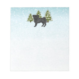 Black Pug Cute Tecknad hund Snowy Winter Forest Anteckningsblock