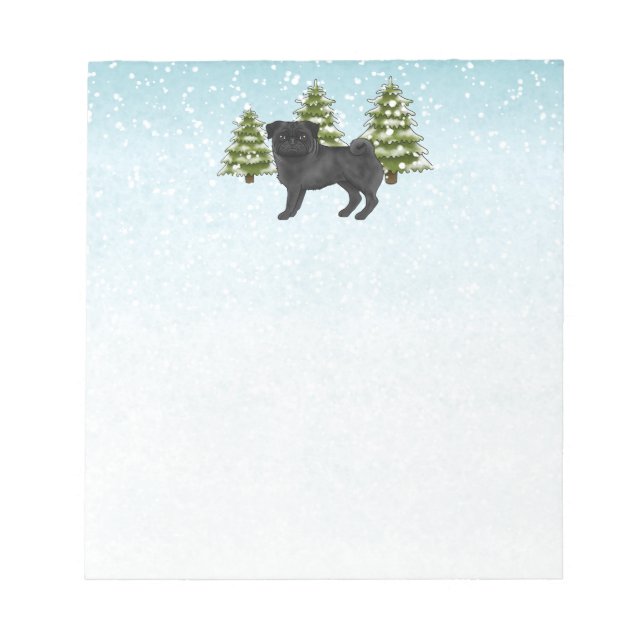 Black Pug Cute Tecknad hund Snowy Winter Forest Anteckningsblock (Framsida)