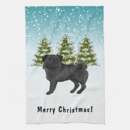 Black Pug Cute Tecknad hund Snowy Winter Forest Kökshandduk
