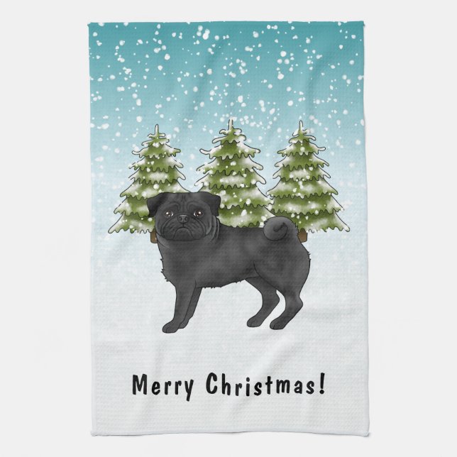 Black Pug Cute Tecknad hund Snowy Winter Forest Kökshandduk (Vertikal)