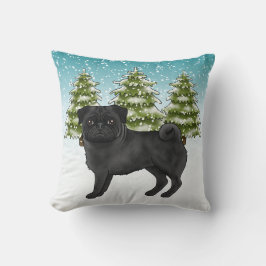 Black Pug Cute Tecknad hund Snowy Winter Forest Kudde