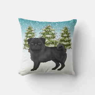 Black Pug Cute Tecknad hund Snowy Winter Forest Kudde
