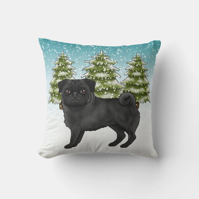Black Pug Cute Tecknad hund Snowy Winter Forest Kudde (Framsida)