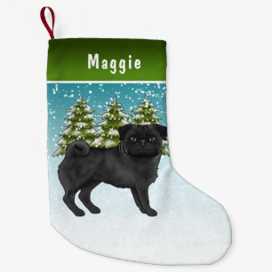 Black Pug Cute Tecknad hund Snowy Winter Forest Liten Julstrumpa