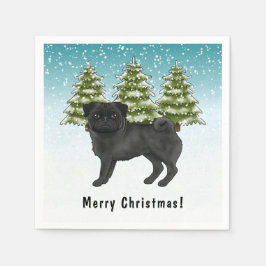 Black Pug Cute Tecknad hund Snowy Winter Forest Pappersservett