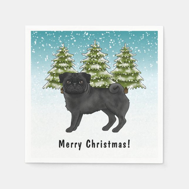 Black Pug Cute Tecknad hund Snowy Winter Forest Pappersservett (Framsidan)