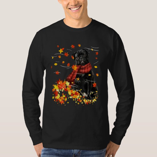 Black Pug Fall Red Scarf Autumn Leaf  For Dog T Shirt (Framsida)
