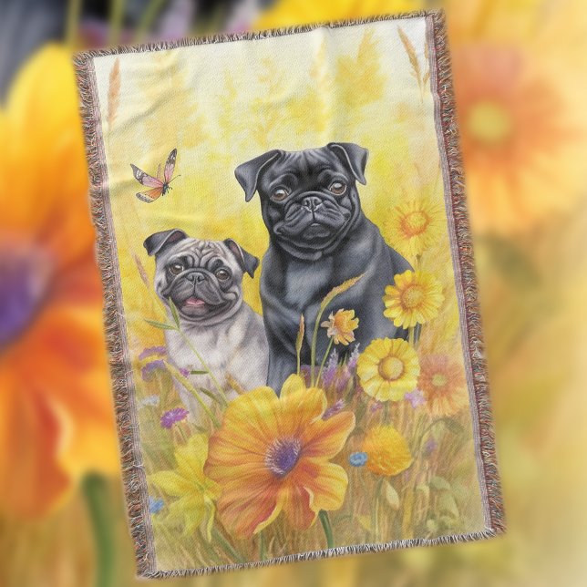 Black Pug Fawn Fält Gult Wildblommor Hund älskare Filt (Skapare uppladdad)